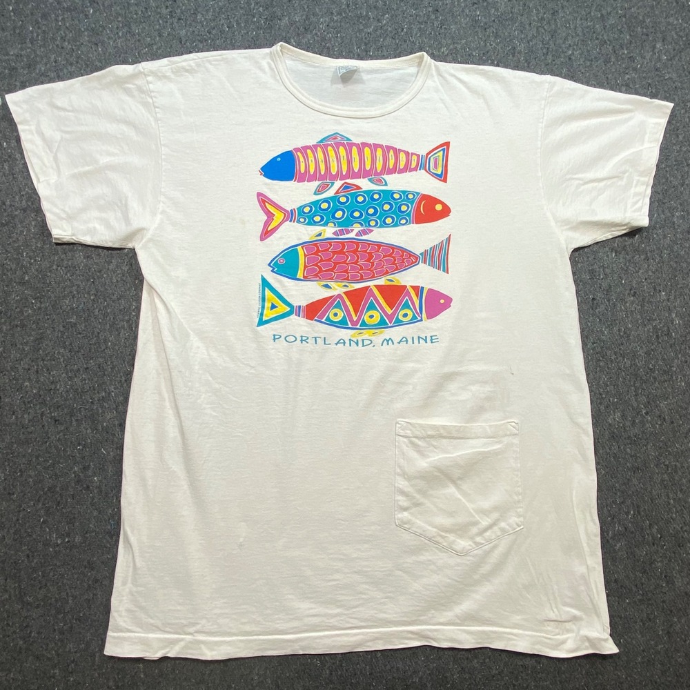 Alore T Shirt OS Mens White Portland Maine Fish Graphic Pocket USA Made Vintage